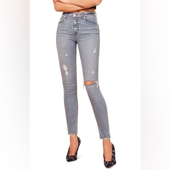 Reformation High Waisted Skinny Denim Jeans Size 23 Blue Maui Distressed NWT - Picture 1 of 15